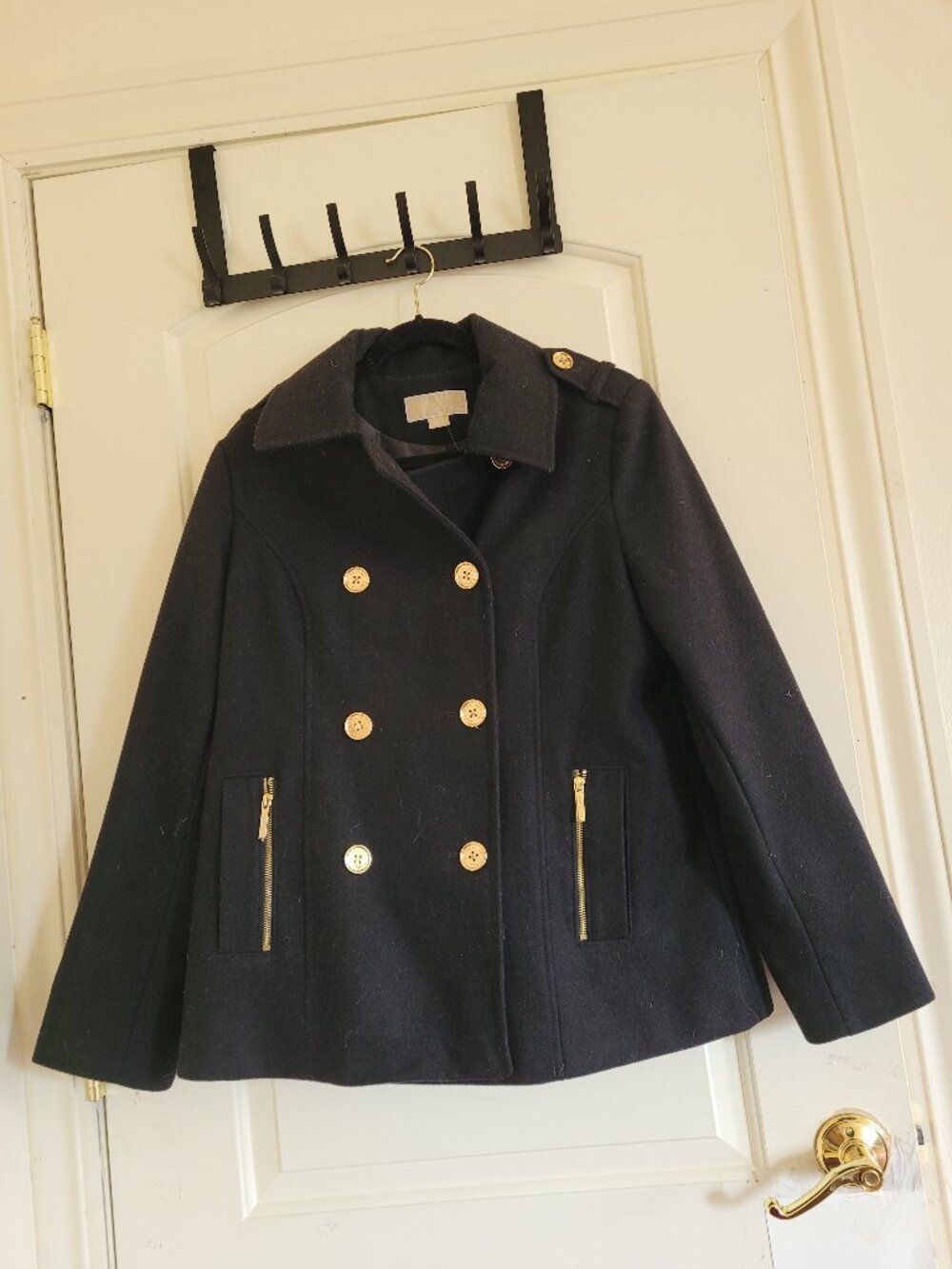 Michael Kors Black Double Breasted Wool Blend Pea Coat Gold Buttons Women's 14